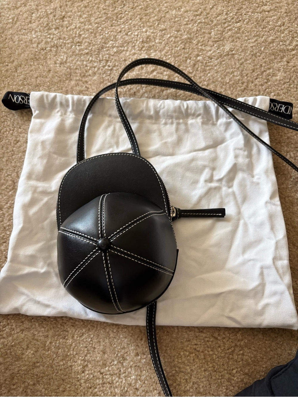 JW ANDERSON Black Leather Midi Cap Crossbody with Contrast White Stitching